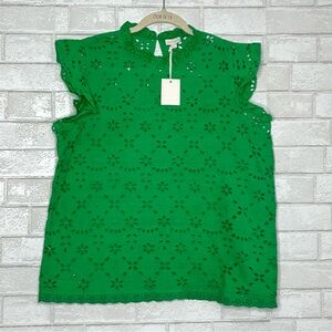 💚 Jennifer Grace 💚 cotton blouse eyelet embroidery Green size L
